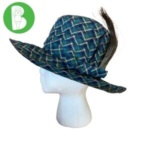 VINTAGE 1960'S BLUE & GREEN & PATTERN FEDORA HAT WITH DECORATIONS
